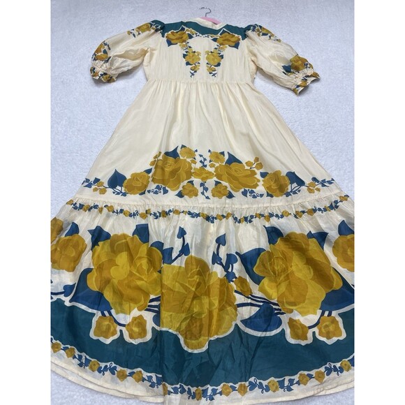 Farm Rio Anthropologie Midi Dress Ivory Puff Sleeve Preppy Retro Boho Small NWT - Picture 8 of 15